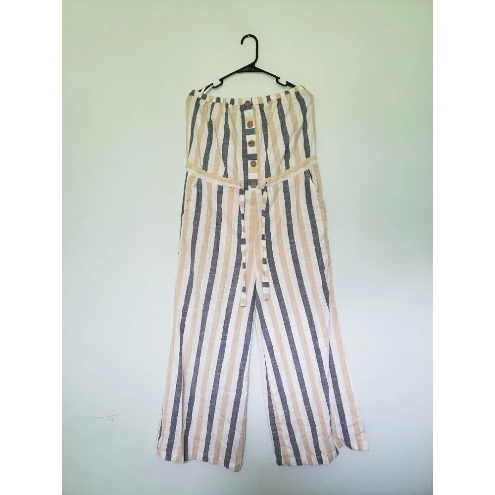 Blue Island Womens Sz L Jumpsuit Strapless Stripe Button Front Drawstring Tie - Picture 1 of 5